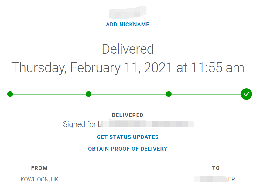 From HongKong delivered to Brazil