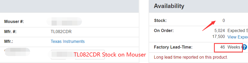 TL082CDR Texas Instruments amplifiers not available on Mouser